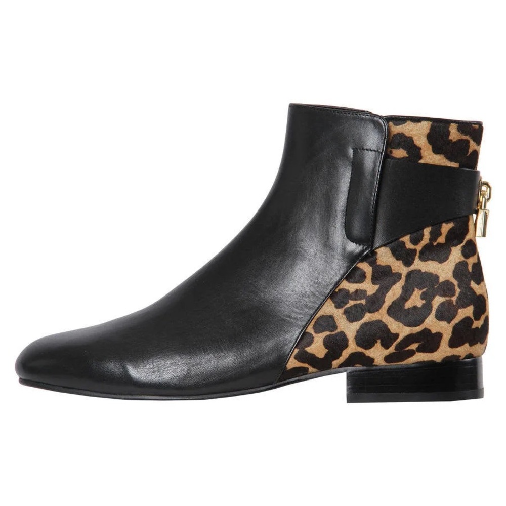 Michael Kors Womens Black Leather Leopard Mira Bootie Flat Ankle Boot